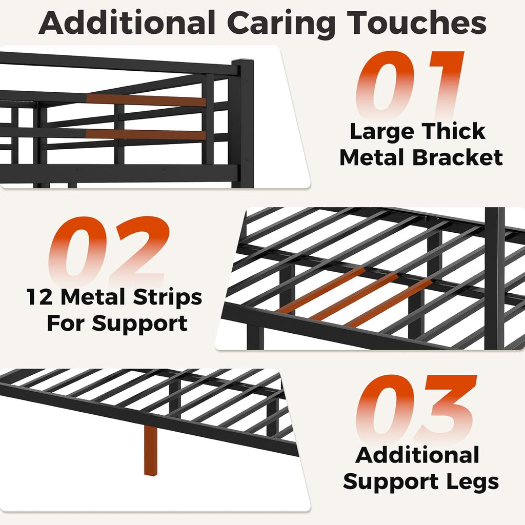 Queen Over Queen Bunk Bed Frame, Heavy Duty Metal Loft Bed for Adults/Teens, 400/600LB Capacity w/Ladder & Guardrail, Noise-Free Steel Slats, No Box Spring Required, Black