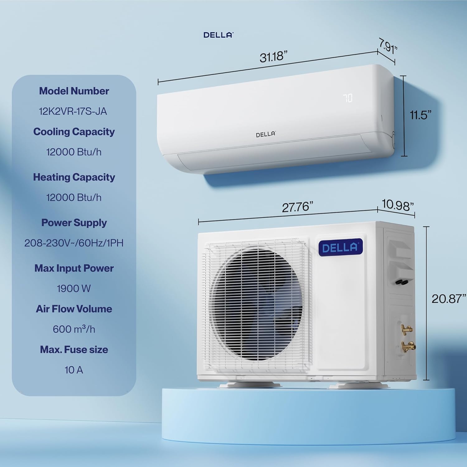 DELLA Motto Series Mini Split AC, 208-230V 17.5 SEER2 Cools up to 550 Sq.Ft, 12000 BTU Air Conditioner & Heater with 1 Ton Pre-Charged Heat Pump, Works with Alexa and WiFi