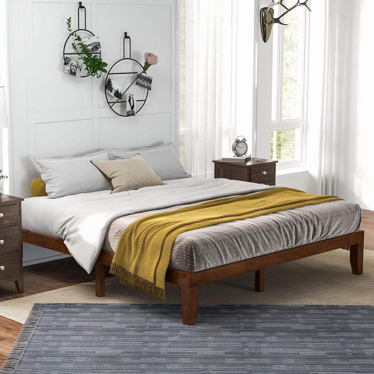 Giantex 14 Inch King Wood Platform Bed Frame, Minimalist Style Mattress Foundation with Solid Rubber Wood, Heavy Duty Slat Support, Without Headboard, Easy Assembly, No Box Spring Needed, Walnut