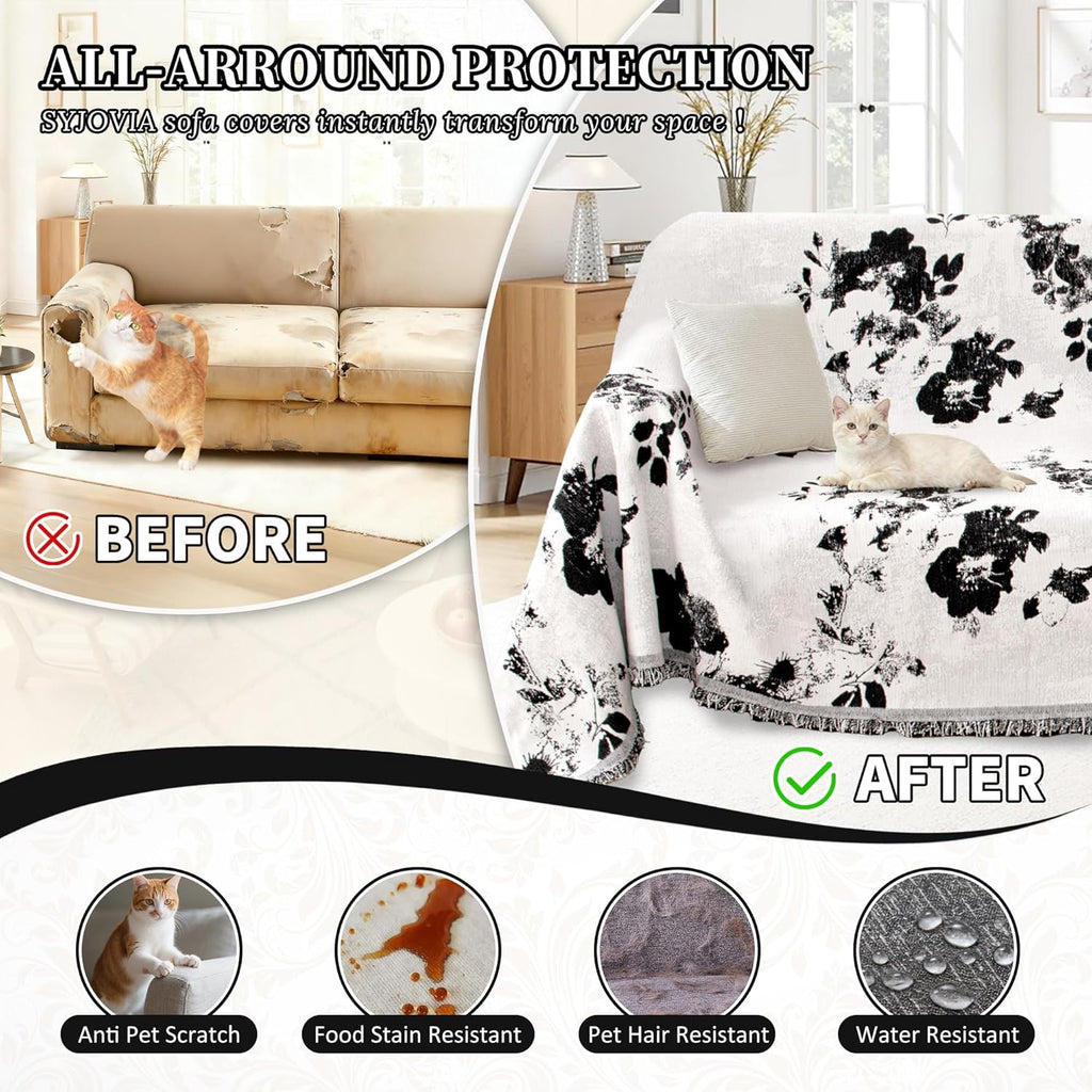 1OO% Waterproof Sectional Couch Covers for Dogs L Shaped Corner Sofa Cover Washable Chenille Sofa Slipcovers Blanket Modern Jacquard Pet Furniture Protector (91"x252", Black Flower)