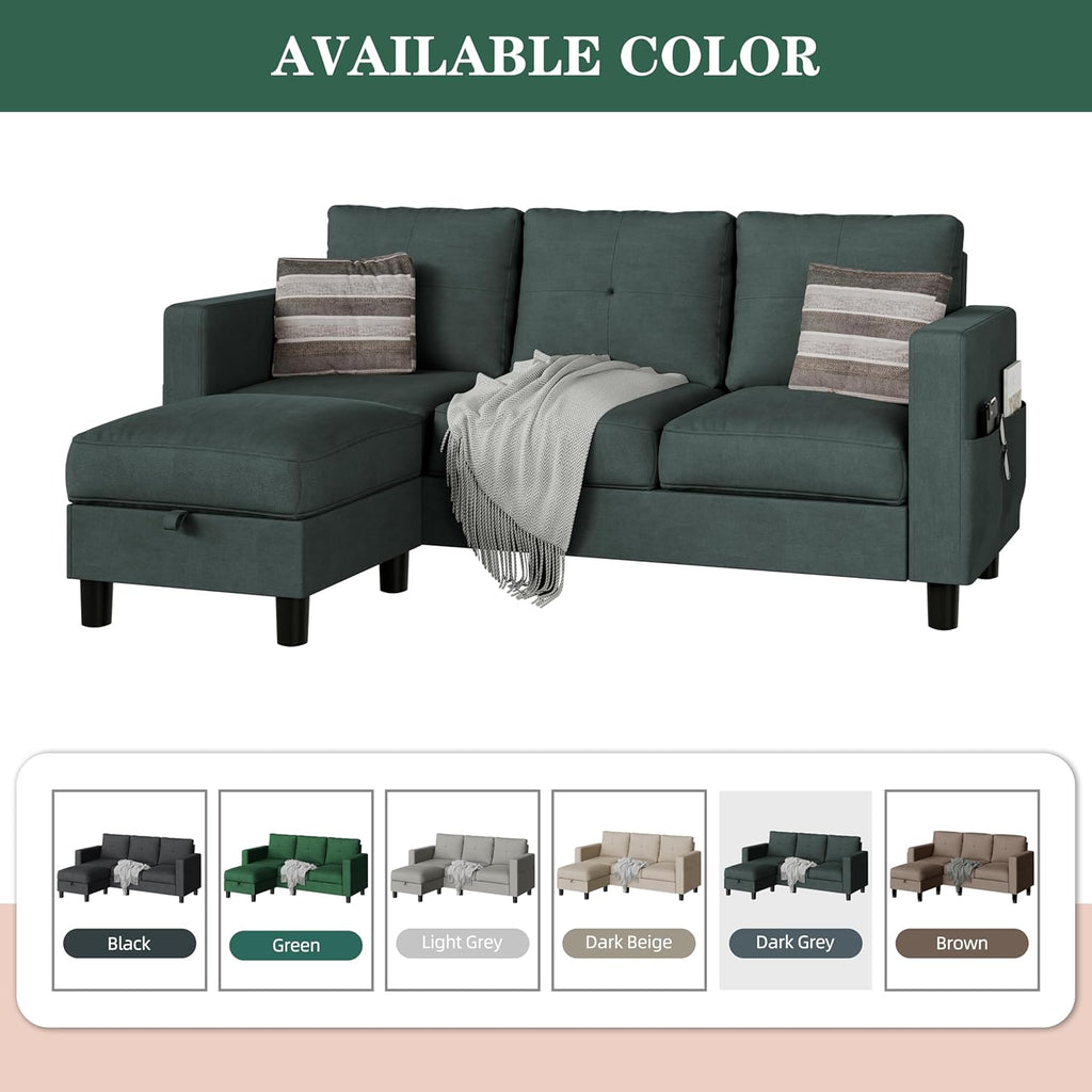 JAMFLY Convertible L-Shaped Sectional Sofa with Reversible Storage Ottoman, 3-Seat Modern Fabric Couch for Living Room, Small Space Apartment Sofa with Side Pockets & Firm Cushions, Grey Linen