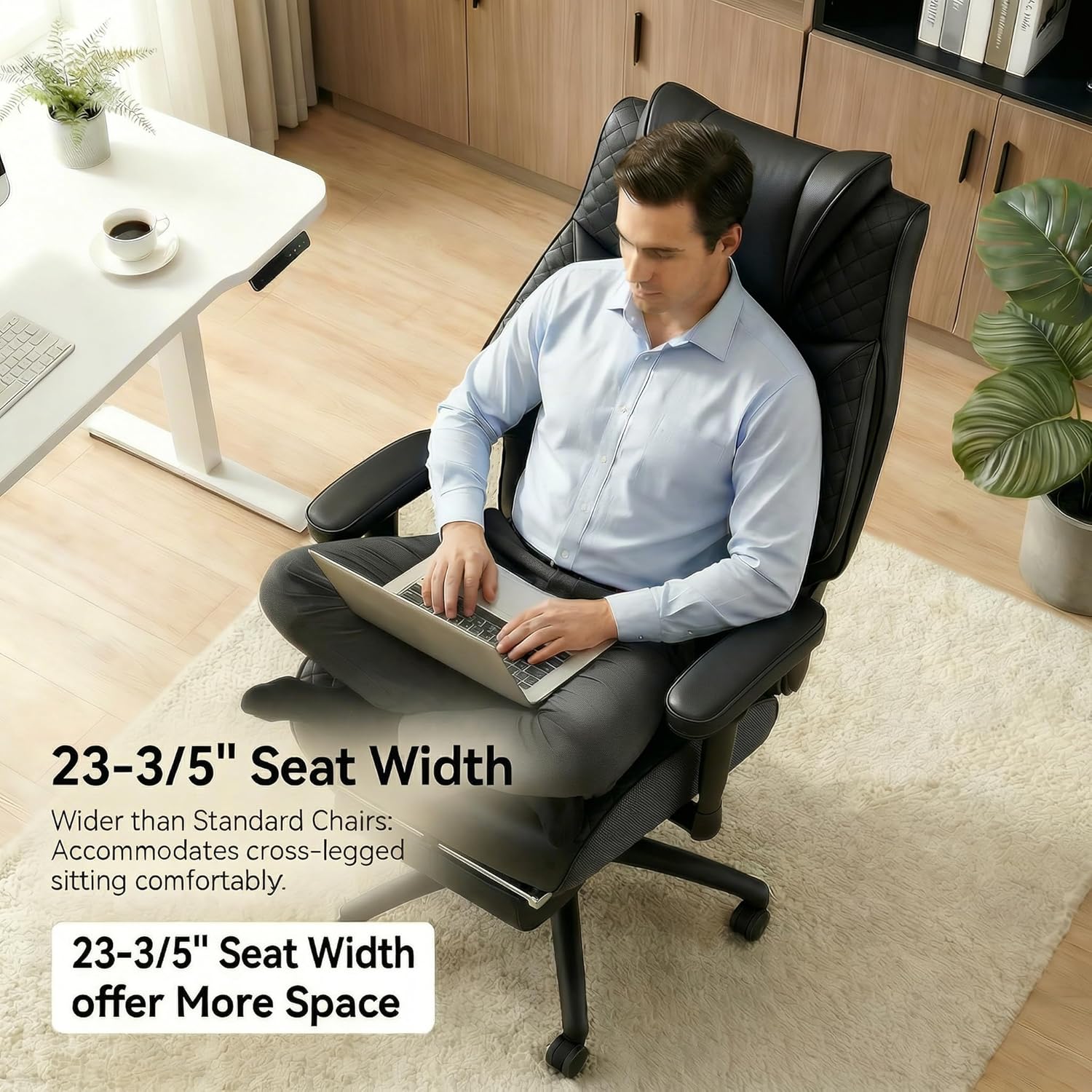 Big and Tall Office Chair 500lbs - 23.6" Extra Wide Seat Ergonomic Executive Chair, Heavy Duty Metal Base High Back Leather Office Chair with Footrest, Lumbar Support & Adjustable Arm, Black