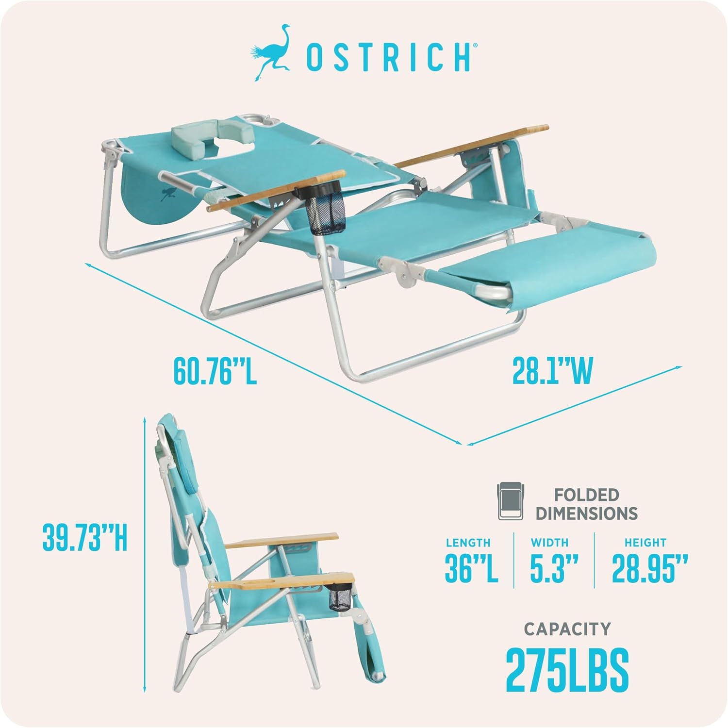 Ostrich the Deluxe 3N1 Lightweight Lawn Beach Reclining Lounge Chair with Footrest, Outdoor Furniture for Patio, Balcony, Backyard, or Porch, Aqua