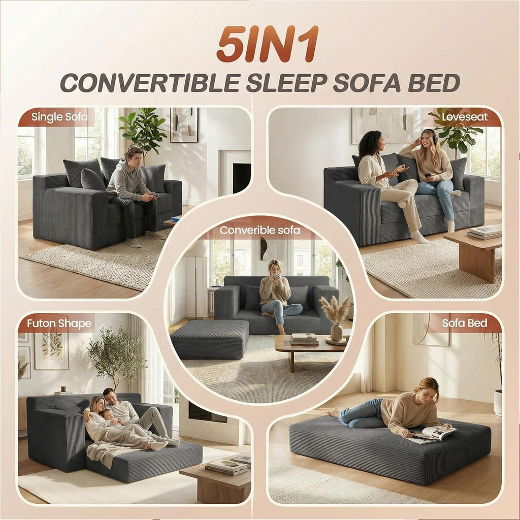 5 in 1 Convertible Sofa Bed,Small Boneless Couch Pull Out Loveseat Sleeper Sofa,Corduroy Futon Couch Folding Mattress with 4 Pillows for Living Room Bedroom Lounge (No Assembly)