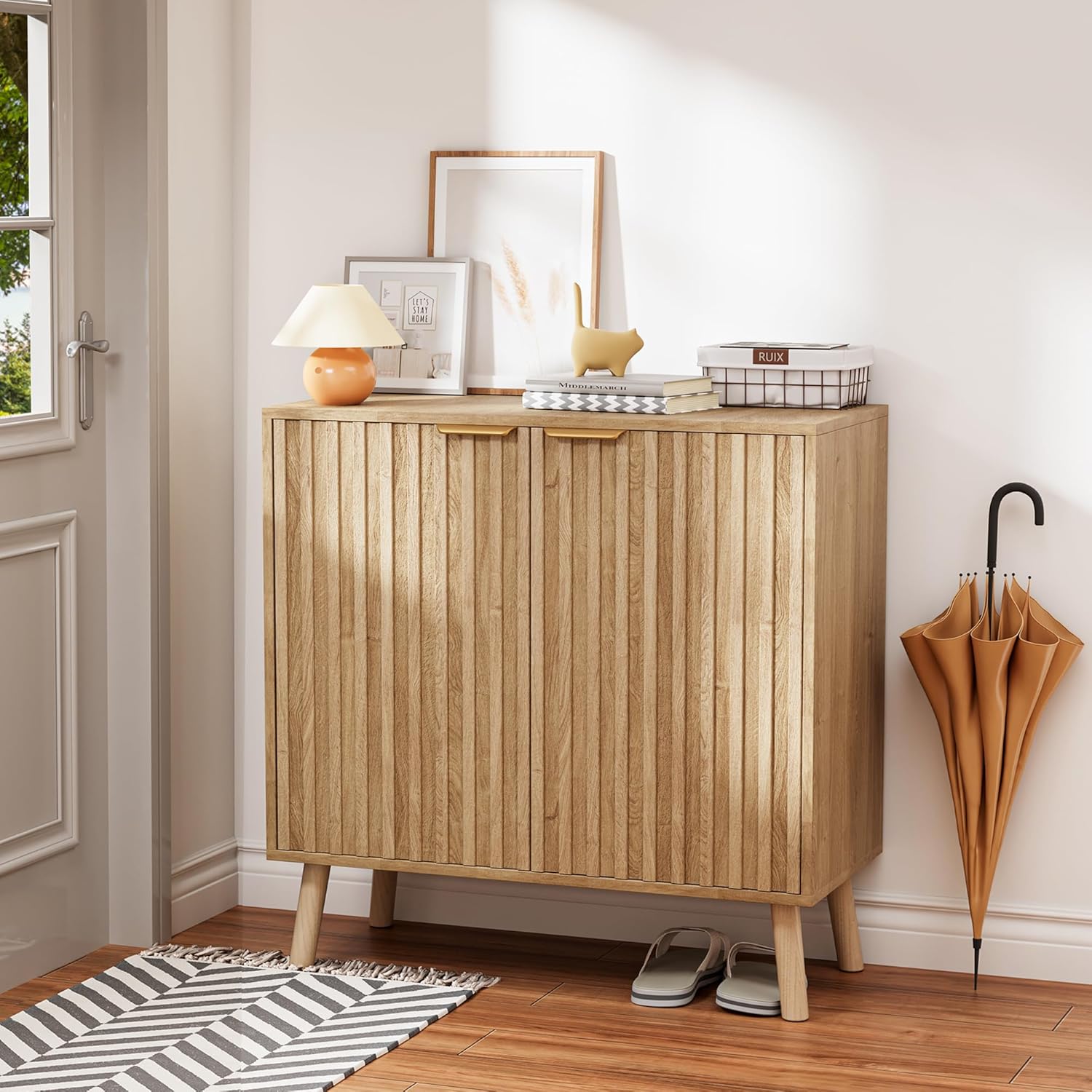 Fluted Buffet Cabinet, Free Standing Sideboard with Storage, Wood Accent Cabinet with Doors & Shelf, Multifunctional Credenza, Sideboard Buffet for Living Room, Dining Room(1, Natural)