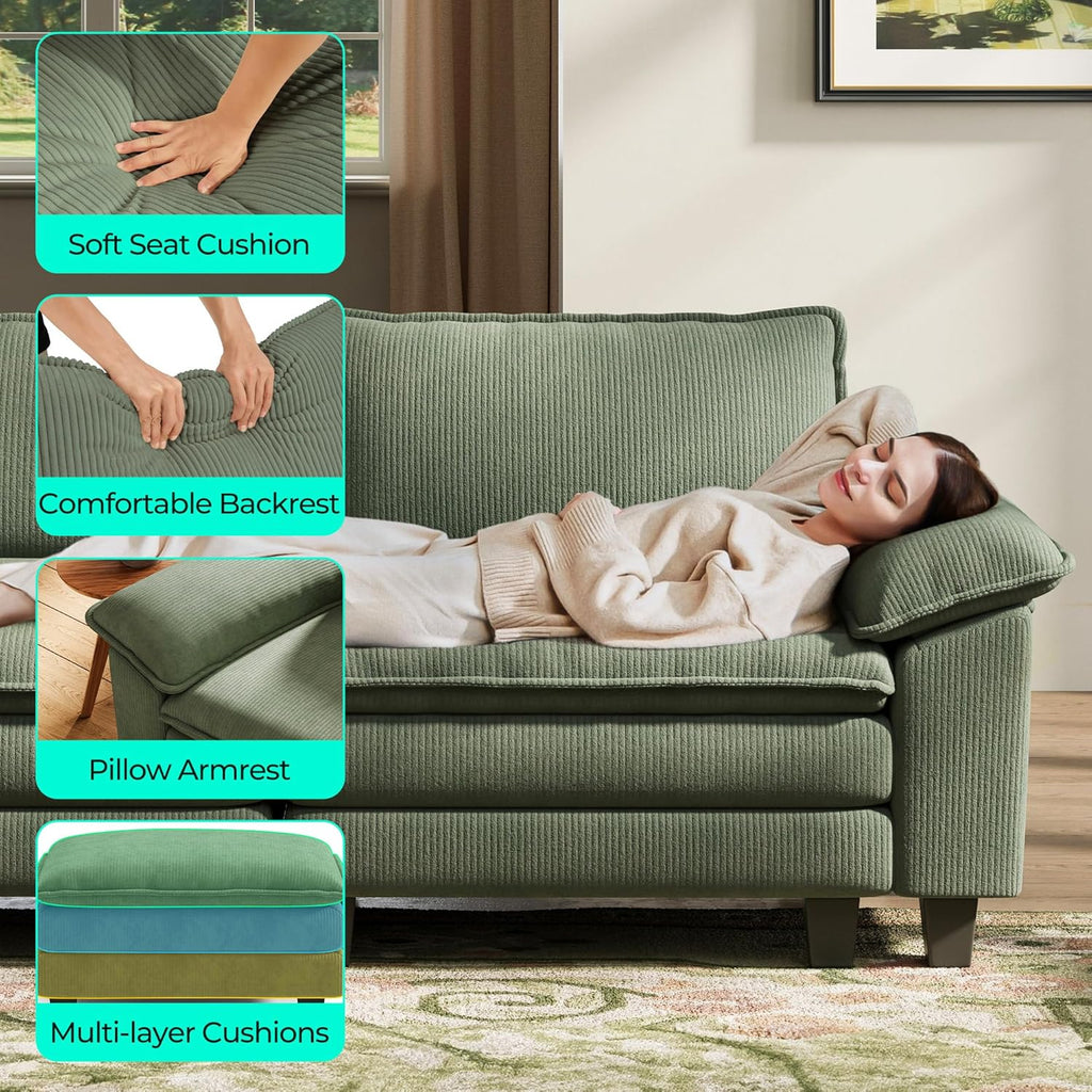 LINSY HOME 123'' Modular Sectional Sofa Green Couch Corduroy Cloud Couches for Living Room, L Shaped Couch with Movable Ottoman, Modern Cloud Sectional Sofas for Bedroom and Apartment, Green