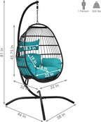 Sunnydaze Dalia Resin Wicker Hanging Egg Chair with - Teal Polyester Cushions and Powder-Coated Steel Stand - 81 Inches H