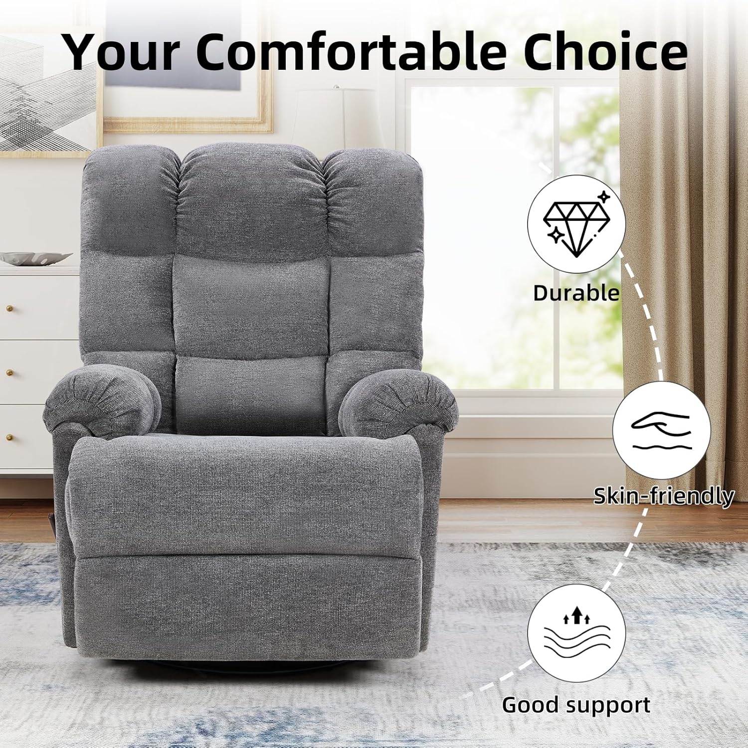 CANMOV Swivel Rocker Recliner for Adults, Glider Rocking Reclining Chair for Nursery, Manual Recliner Chair with Overstuffed Back and Arms for Living Room Bedroom Nursery, Grey