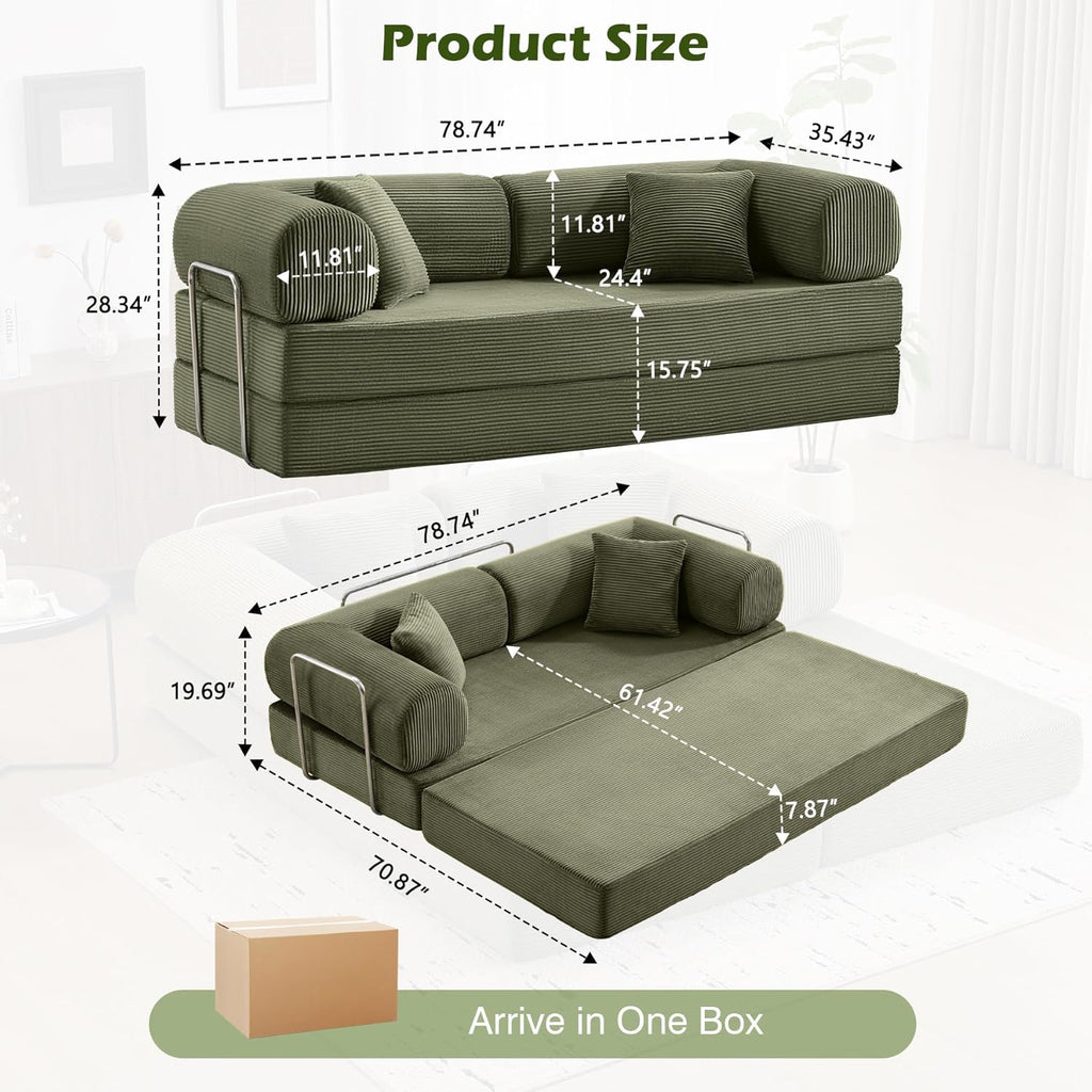 Sofa Bed, 79" Convertible Sleeper Sofa with Pull Out Bed, 5-in-1 Folding Corduroy Futon Couch, Modular Loveseat Sofa Bed for Living Room, Bedroom & Apartment, Green