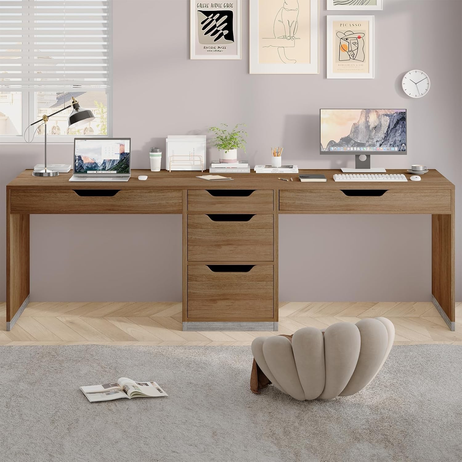 Two Person Desk with 5 Drawers, Double Desk with Storage for 2 People, 78 Inch Extra Long Computer Desk Workstation with File Drawer for Home Office, Brown