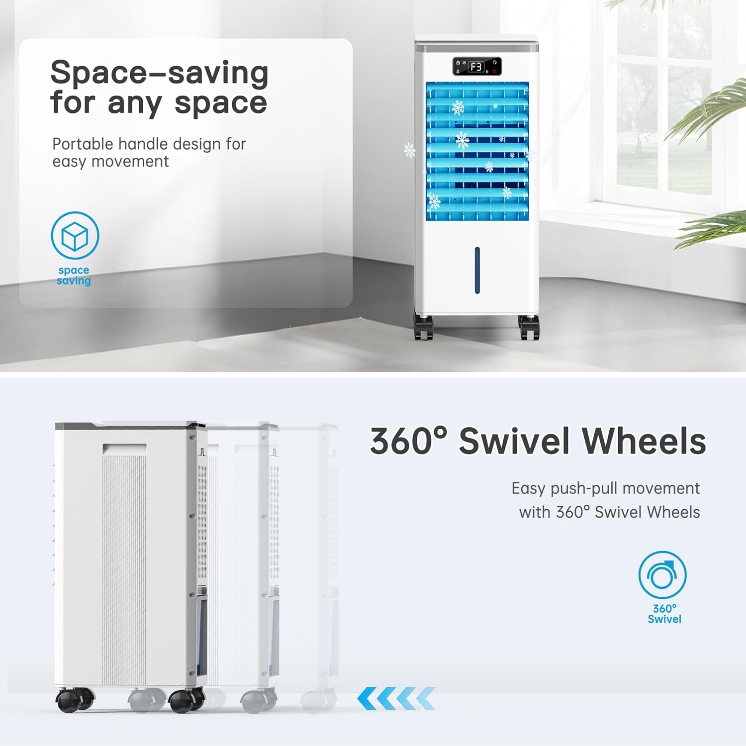Evaporative Air Cooler, Windowless Portable Air Conditioners Fan w/3 Modes & 3 Speeds, 12H Timer for Smart Auto-off, 2-Gal Tank for 20H Cooling,16FT Remote,No Hose Needed,46db Swamp Cooler