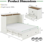 Queen Murphy Bed with 6" Tri-Fold Memory Foam Mattress, Storage Drawer & Charging Station, Space-Saving Design for Home Office or Guest Room, White