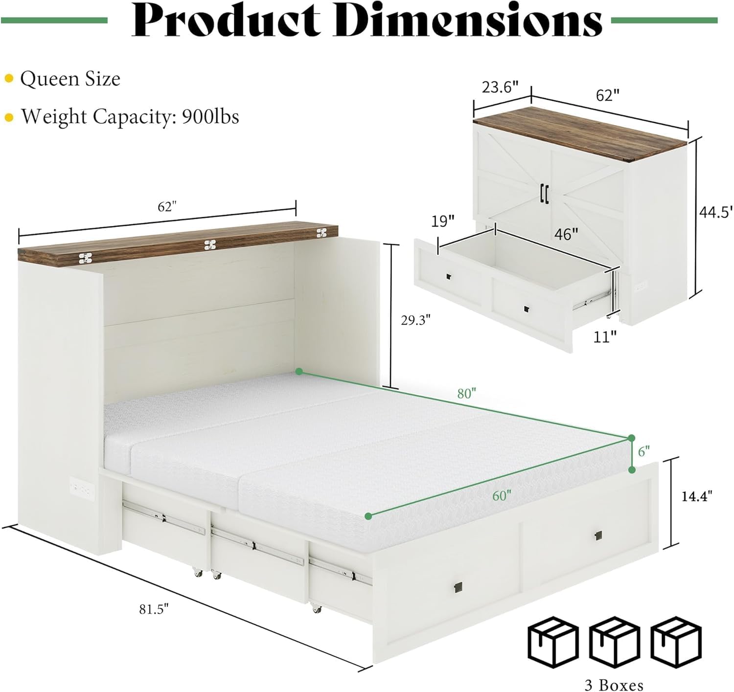 Queen Murphy Bed with 6" Tri-Fold Memory Foam Mattress, Storage Drawer & Charging Station, Space-Saving Design for Home Office or Guest Room, White