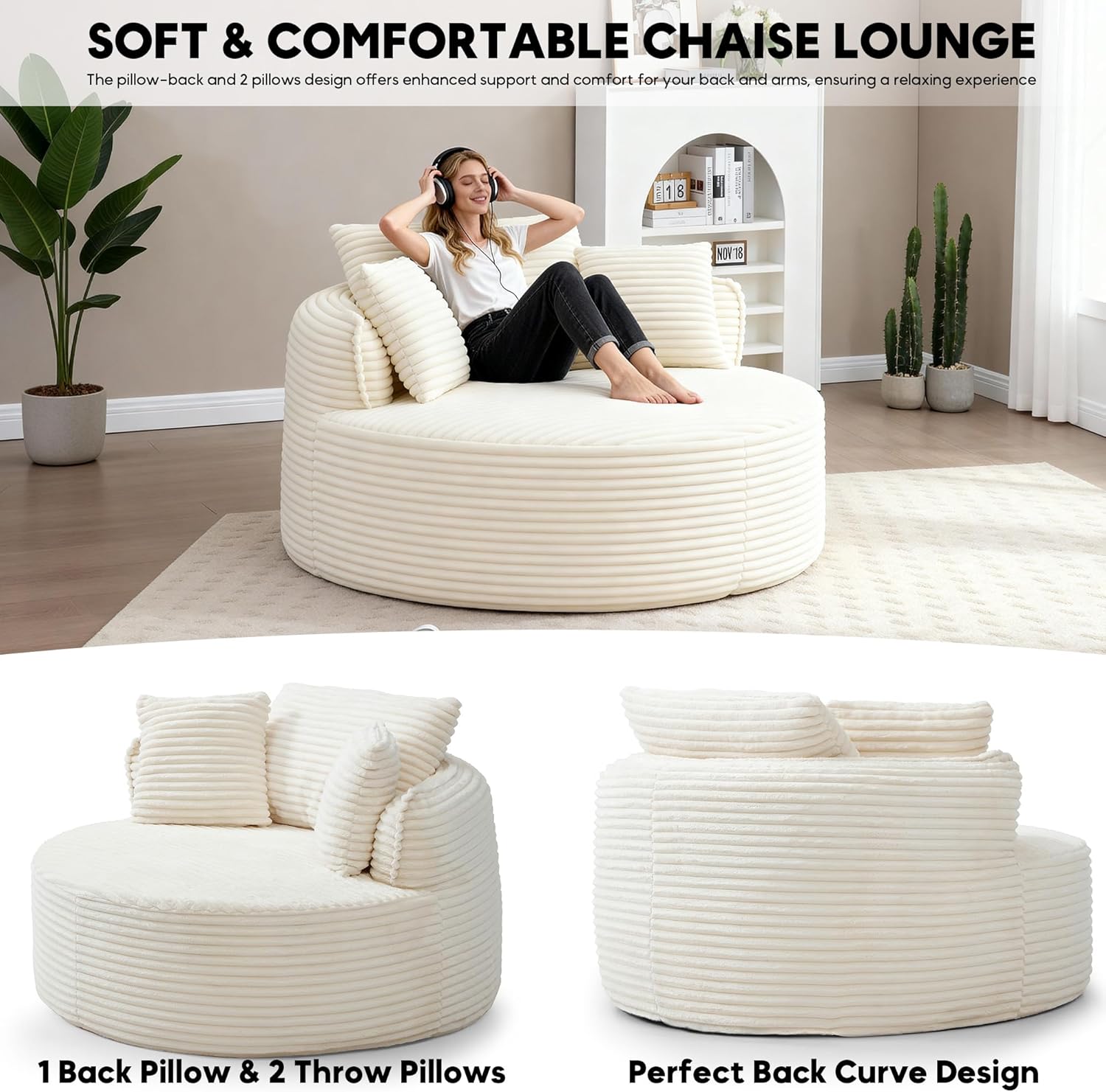 Oversized Round Chair Lounge Chaise Indoor, 53.5" Upholstered Corduroy Deep Seat Single Cloud Sofa Chair, Fluffy Modern Large Circle Boneless Sleeper Sofa for Living Room, Bedroom, Beige White