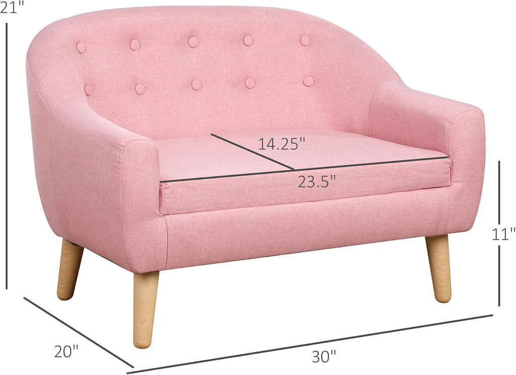 Qaba 2-Seat Kids Sofa, Toddler Sofa Couch, Linen-Like Fabric and Wooden Frame Sofa Chair for Ages 3-7, 11" High Seat, Pink