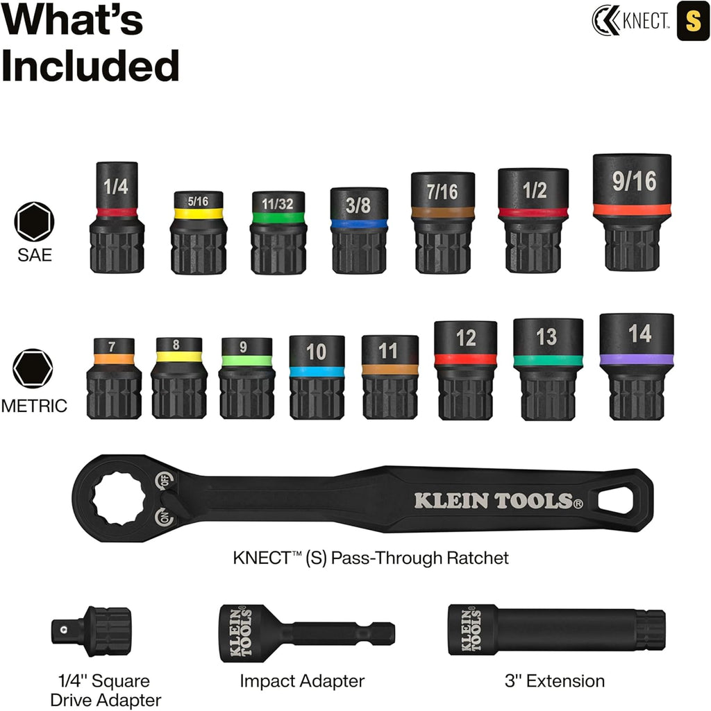 Klein Tools 65302KNECT Impact Socket Set, KNECT (S) 33-Piece SAE and Metric Pass-Through Socket Tool Set, Impact Driver Adapter, MODbox Tool Organization