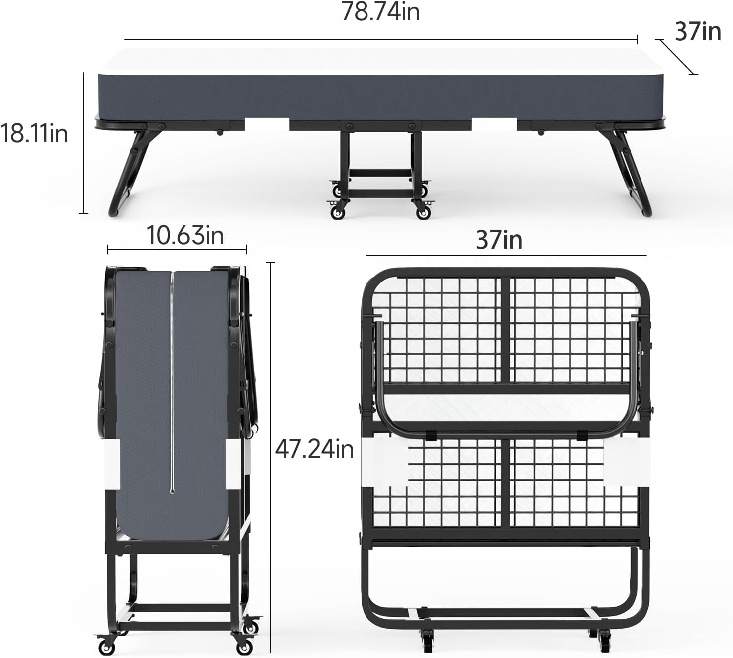 79" x 37" Twin Size Folding Bed for Adults with 5.2" Mattress, Sturdy Portable Foldable on Wheels with Storage Cover, Folding Guest Bed, Rollaway Bed with Metal Frame, Cot Size Extra