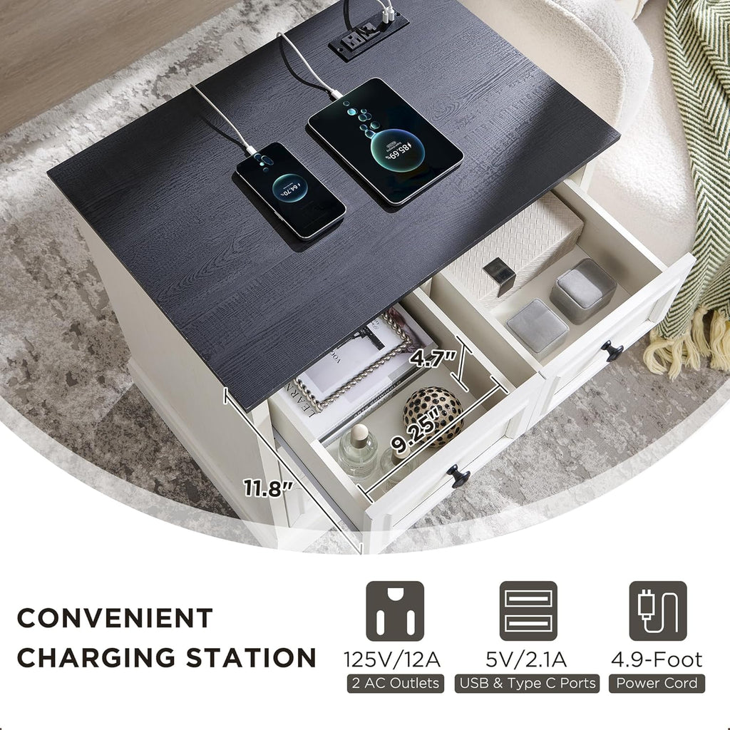 ACCOHOHO 26" W Nightstands Set of 2, Farmhouse End Table with 4 Drawers for Storage, Nightstand with Charging Station for Bedroom, Off White