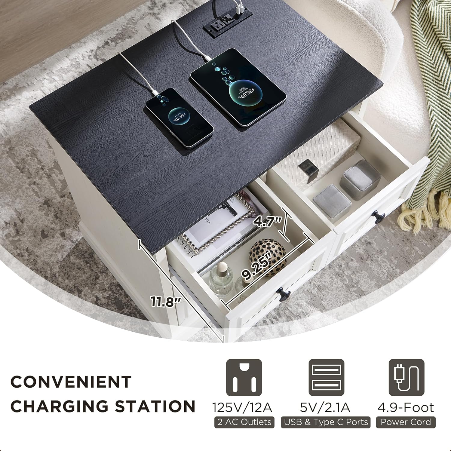 ACCOHOHO 26" W Nightstands Set of 2, Farmhouse End Table with 4 Drawers for Storage, Nightstand with Charging Station for Bedroom, Off White