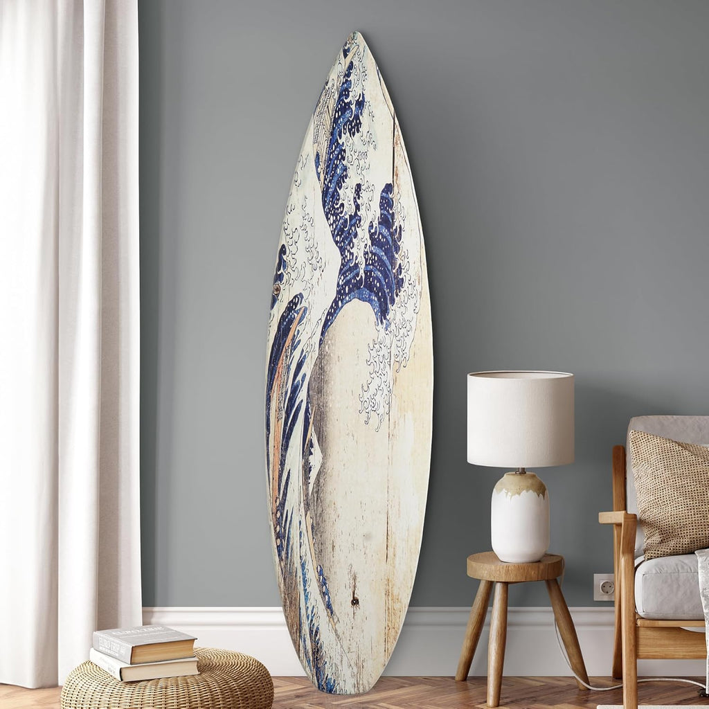 American Art Decor Surfboard Plaque Wall Sign - Beach House Wall Art - Large Tropical/Coastal Home Decor for Living Room, Bedroom, Bathroom, Patio, or Bar (The Great Wave off Kanagawa Wood, 60"x15")