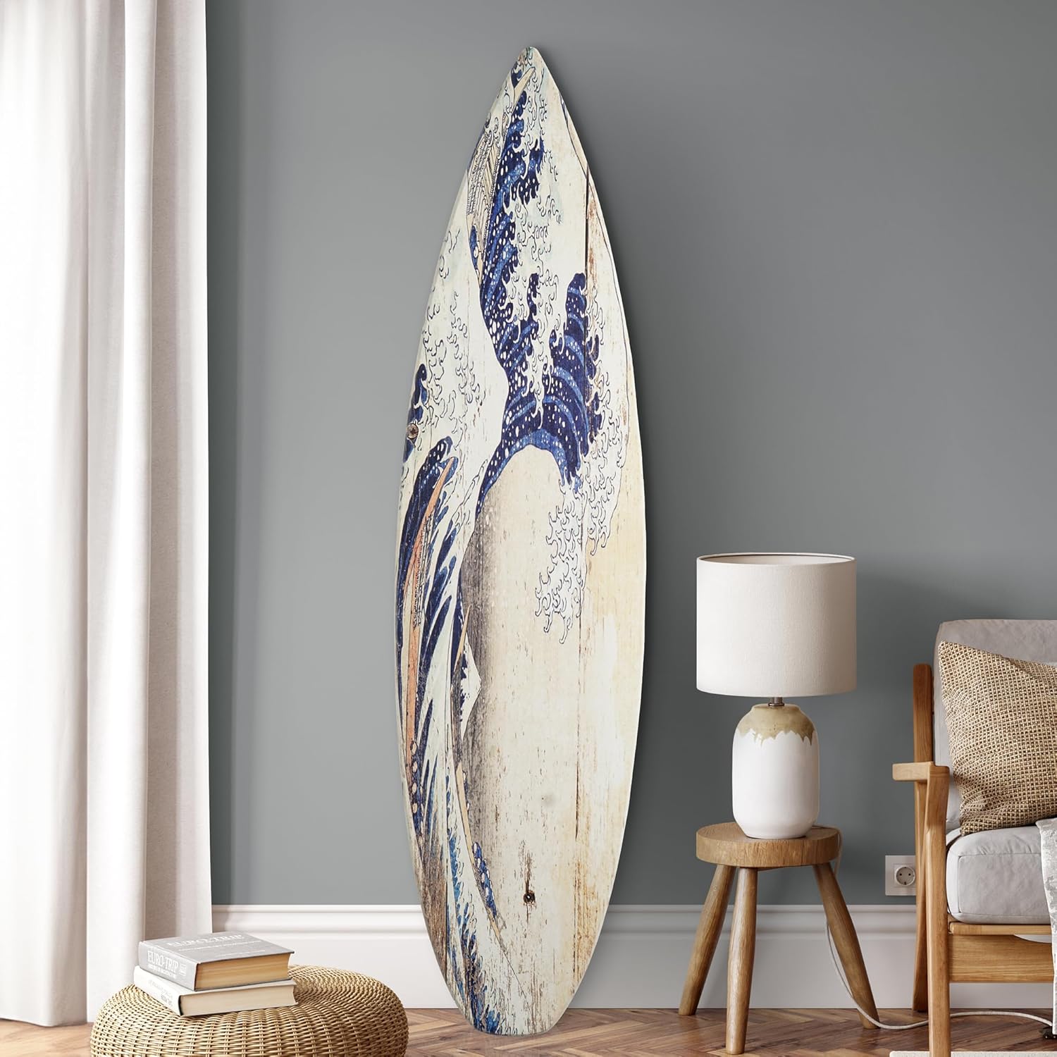 American Art Decor Surfboard Plaque Wall Sign - Beach House Wall Art - Large Tropical/Coastal Home Decor for Living Room, Bedroom, Bathroom, Patio, or Bar (The Great Wave off Kanagawa Wood, 60"x15")