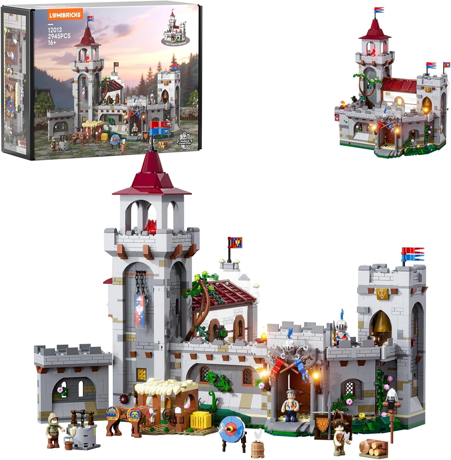 Medieval Guard Post Lighting Building Bricks Set - Middle Ages Castle Modular Collection Display Kit with Minifigures 2945 Pcs for Adults & Teens