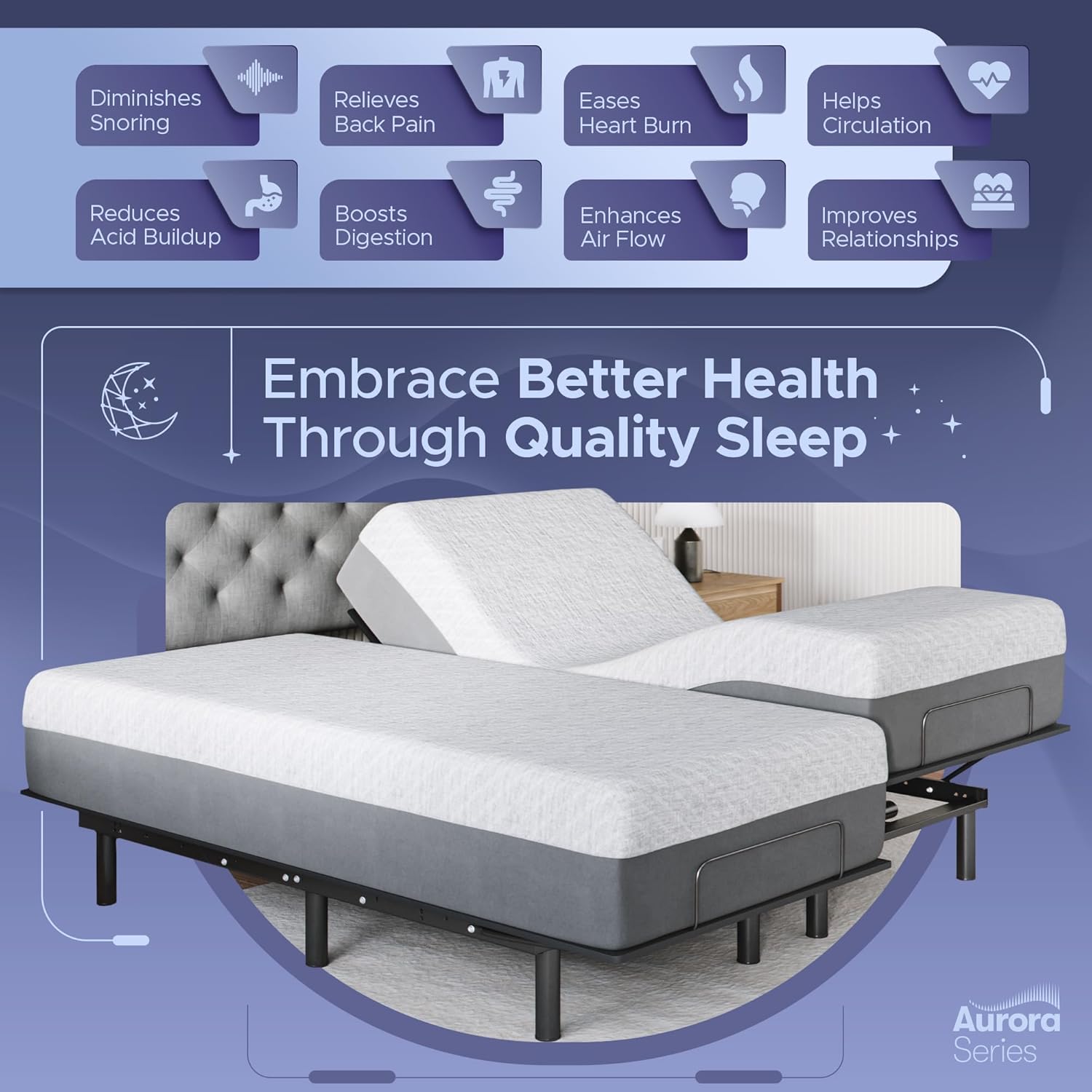 Celestial Aurora Adjustable Bed Base (Frame) + 10 inch Gel Memory Foam Mattress (Medium), Easy Assembly, Head and Foot Lift, Zero Gravity, Memory Positions, CertiPUR-US Bed - Split King