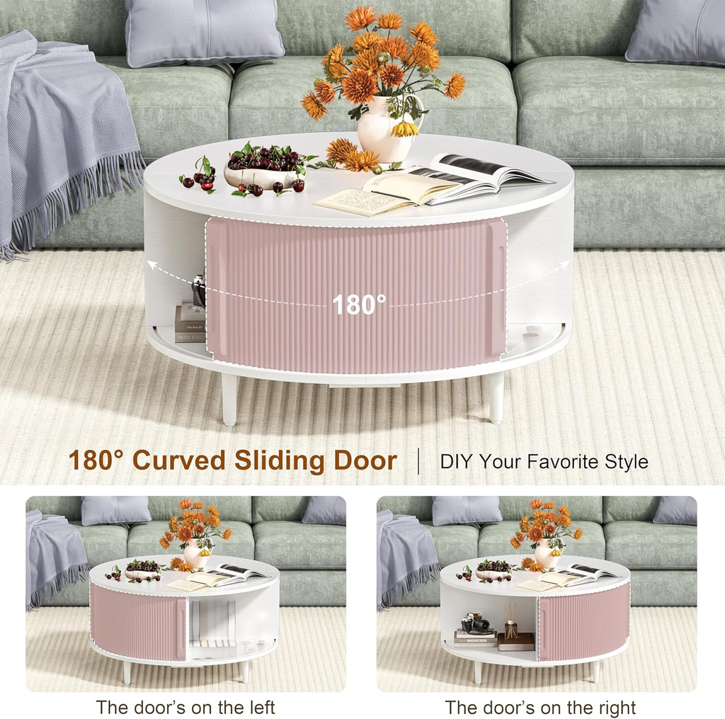 Round Coffee Table, 31.5" Fluted Center Table with Storage, Lift-Top Coffee Table with Adjustable Footpads, Sliding Door, Mid-Century Modern Center Table for Living Room, Small Space (White)