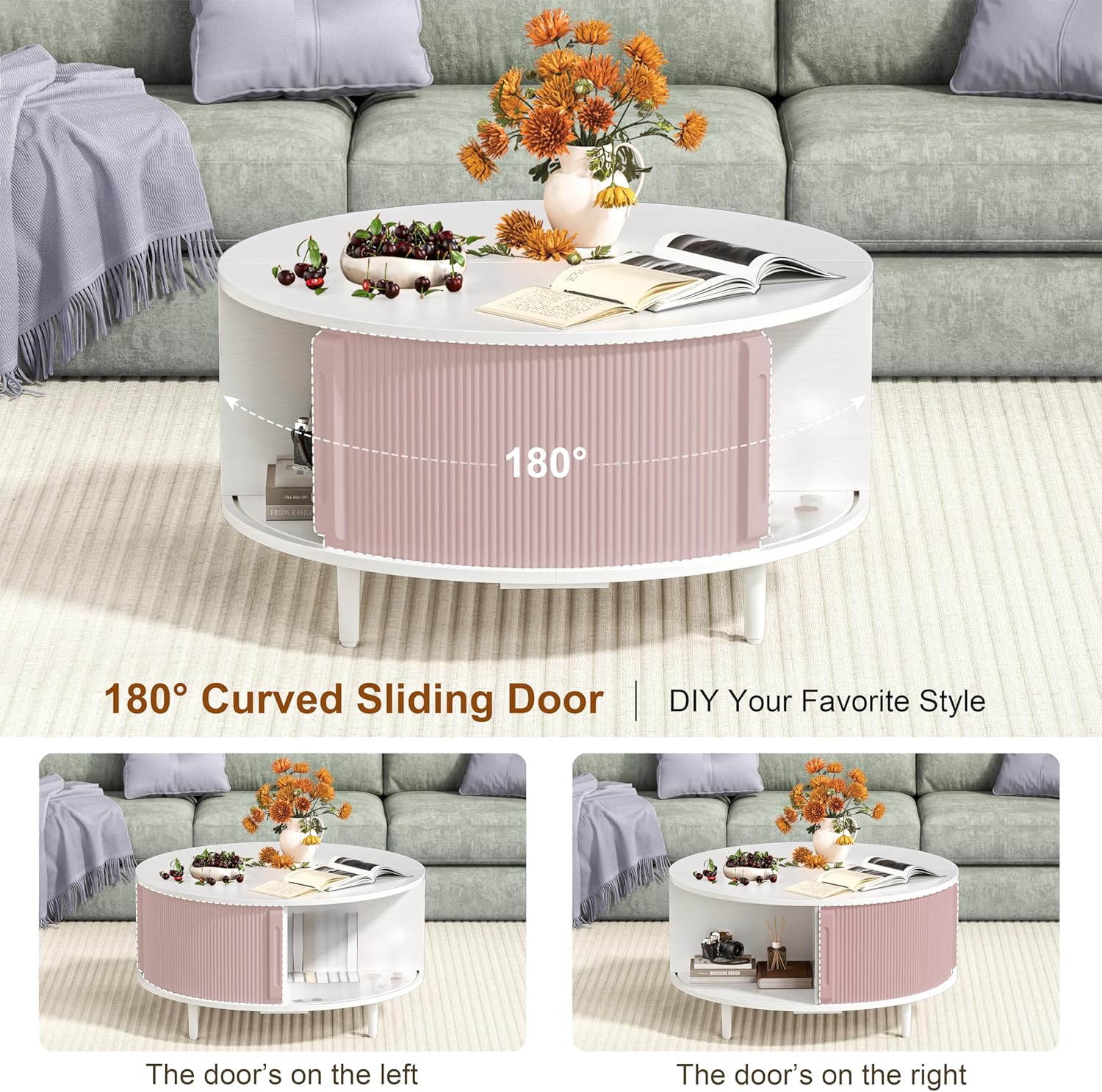 Round Coffee Table, 31.5" Fluted Center Table with Storage, Lift-Top Coffee Table with Adjustable Footpads, Sliding Door, Mid-Century Modern Center Table for Living Room, Small Space (White)