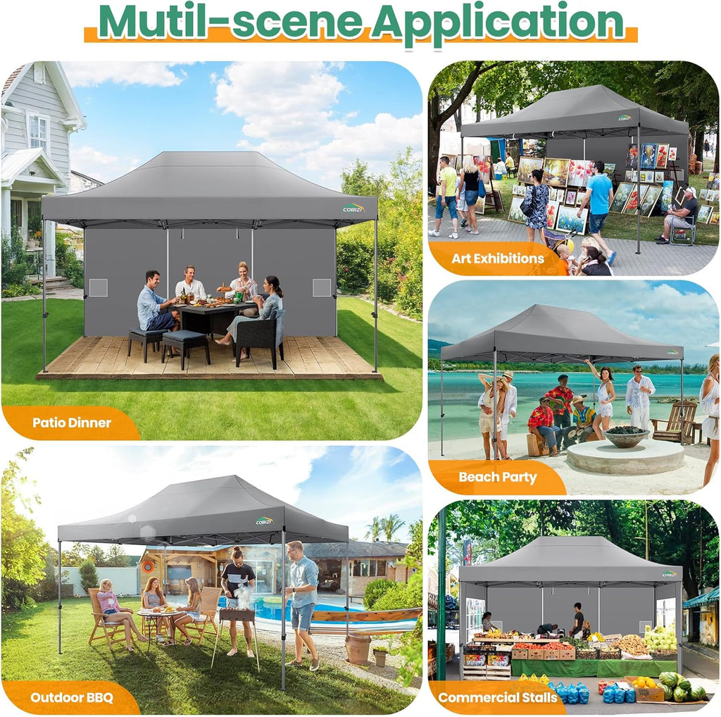 COBIZI 10x15 Heavy Duty Pop up Canopy Tent with 4 sidewalls  Commercial Outdoor Tents for Parties Backyard Event  Wedding  All Season Waterproof Event Shelter with Carry Bag  Gray(Frame Thickened)