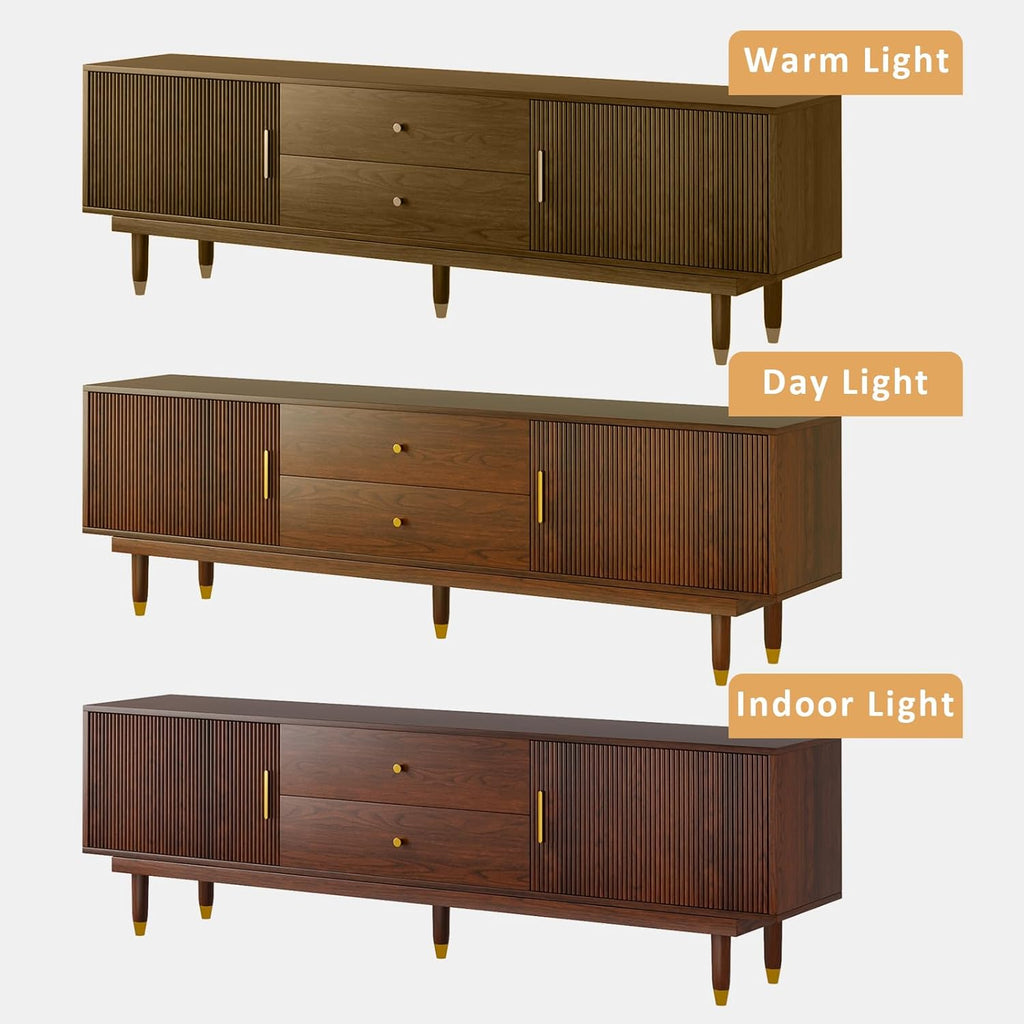 Mid Century Modern TV Stand for 75 inch TV, 66.9" Walnut TV Console with 2 Storage Cabinet & 2 Drawers, Entertainment Center, Media Console for Living Room/Bedroom