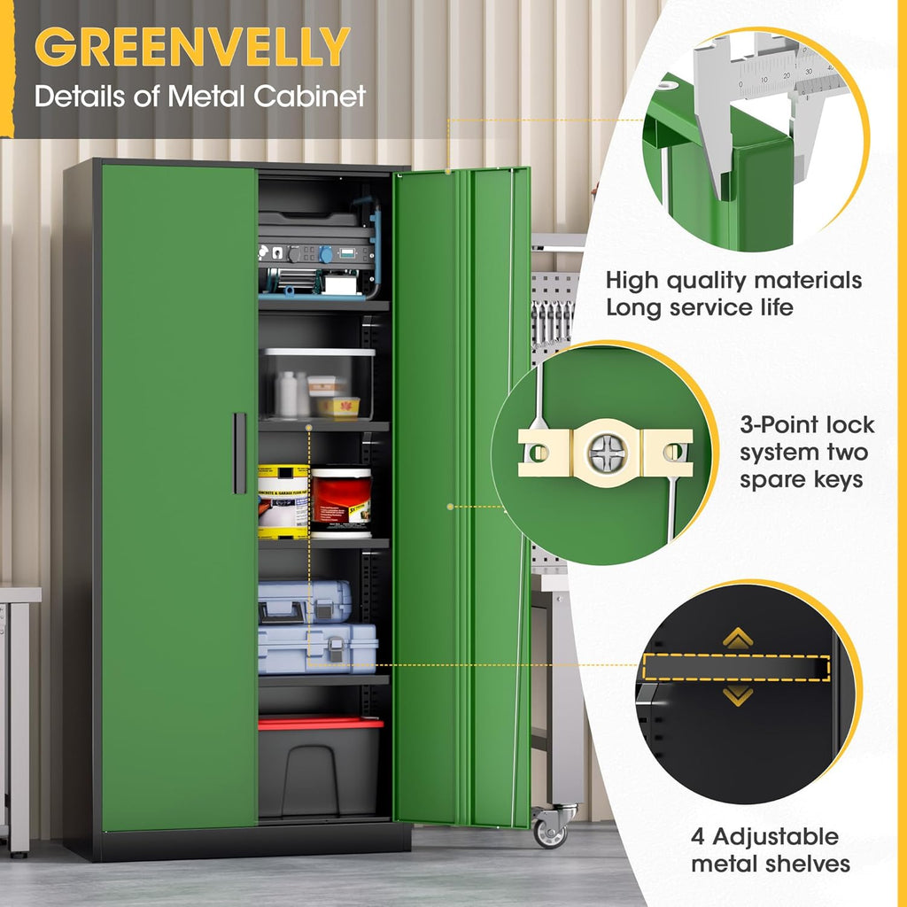 Greenvelly Metal Storage Cabinet, Steel Garage Cabinet with Doors and Adjustable Shelves, Metal Cabinet with Lock,Tall Metal Office Storage Cabinet for Garage,Home Office,School (Black Green)