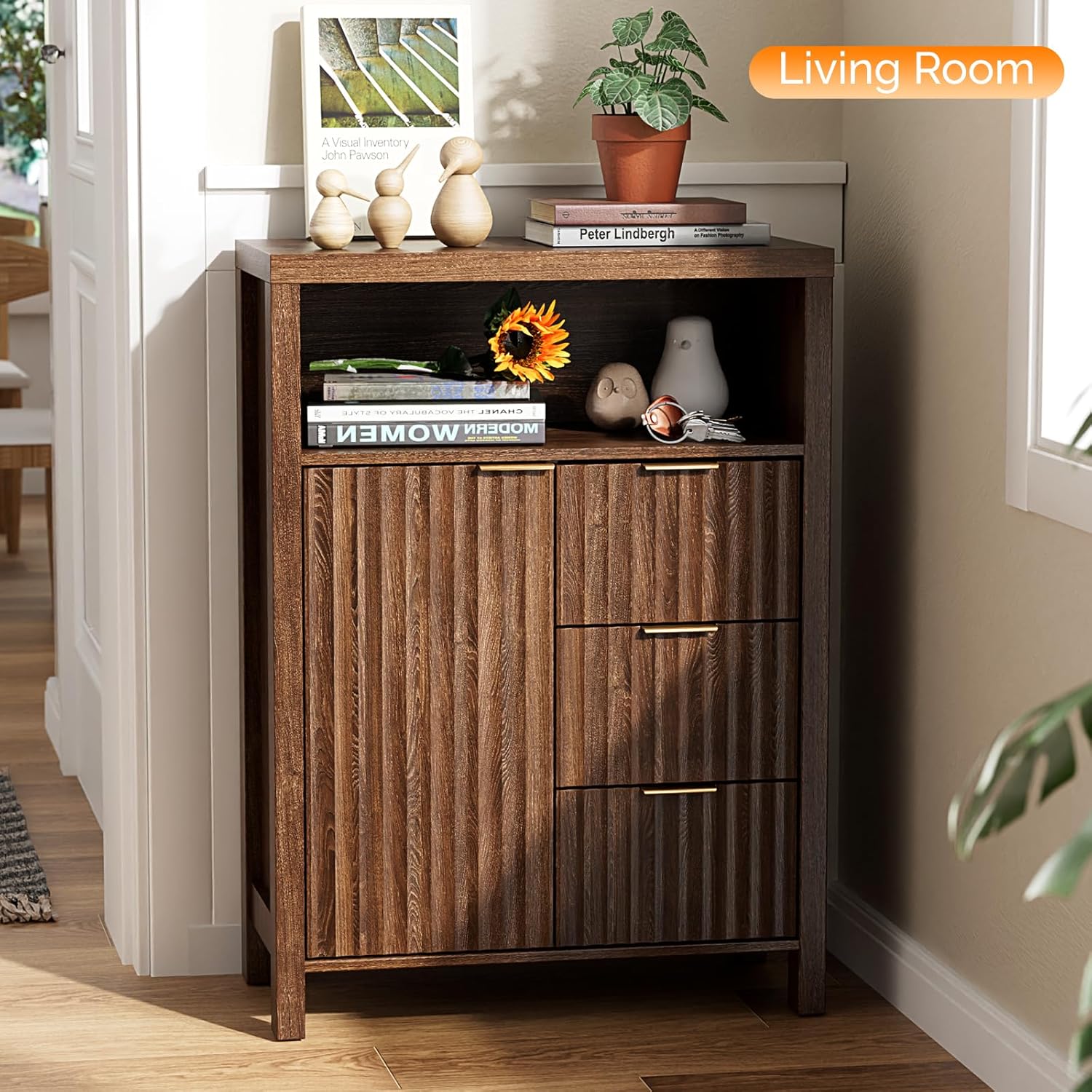 VINGLI Bathroom Floor Storage Cabinet with 3 Drawers, Modern 32" Freestanding Short Storage Organizer with Fluted Door & Adjustable Shelf, 12 Inch Deep Walnut Wooden Console for Small Space