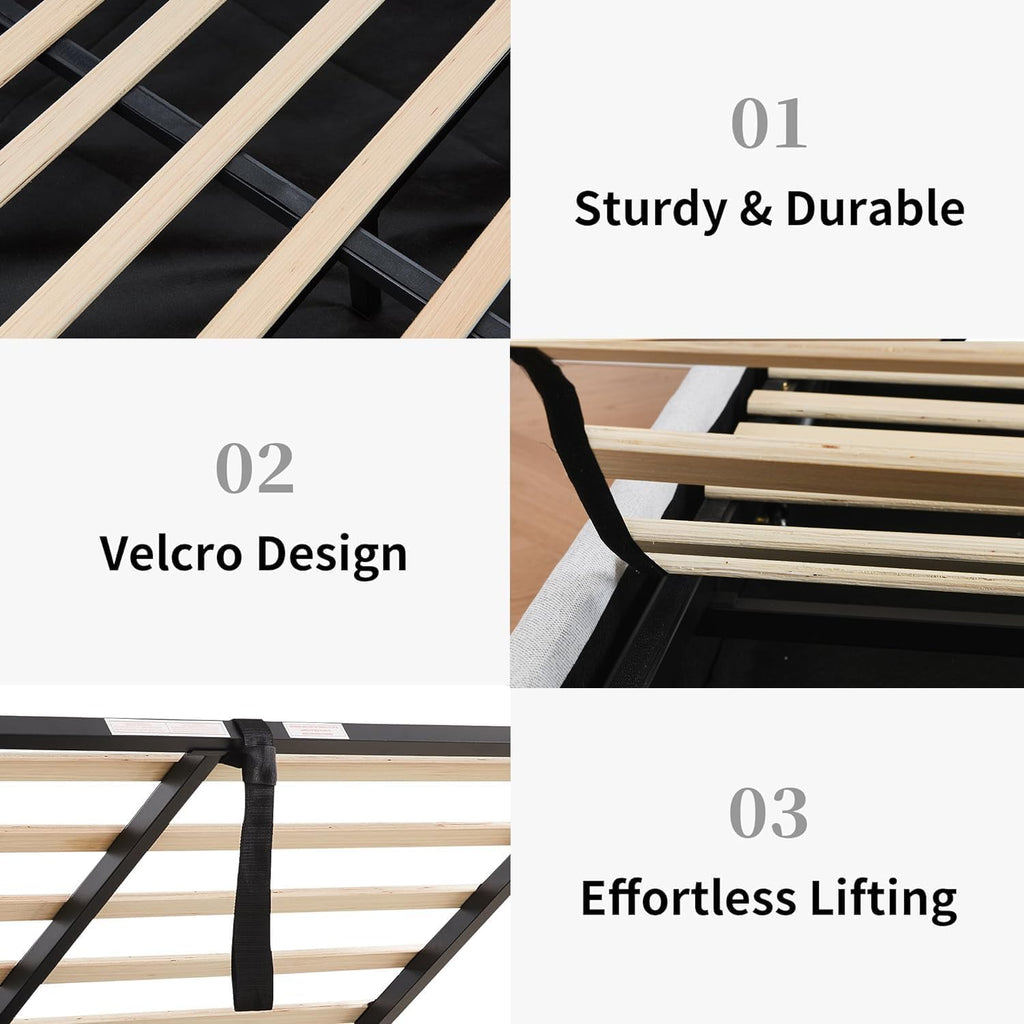 Queen Size Upholstered Platform Bed with Hydraulic, Bed Frame with Storage, Lift Up Storage Bed with Modern Linen Fabric Wingback, Wooden Slat, No Box Spring Needed, Easy Assembly, Off White