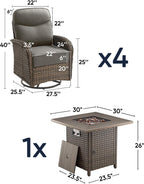 Luxury Outdoor Swivel Rocker Patio Chairs of 4 with Fire Pit Table - 5 Piece Furniture Set with 6-Inch Smile Cushions High Back Brown Wicker Rattan Gliders for Porch Balcony Deck - Grey