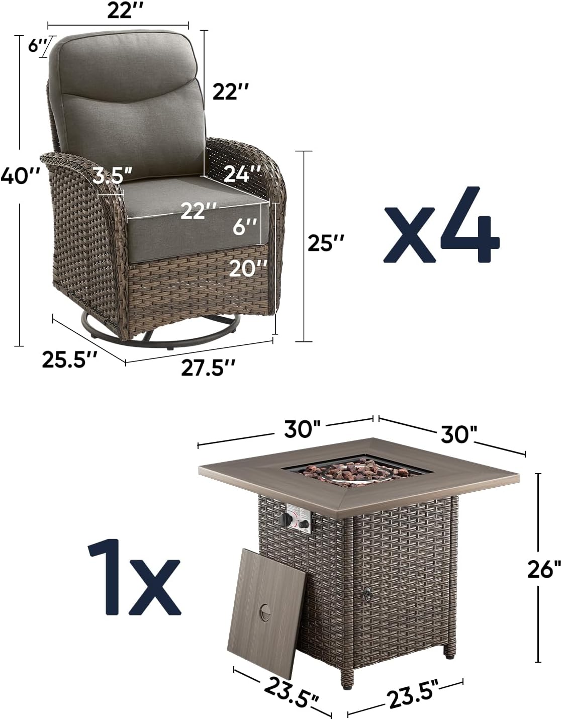 Luxury Outdoor Swivel Rocker Patio Chairs of 4 with Fire Pit Table - 5 Piece Furniture Set with 6-Inch Smile Cushions High Back Brown Wicker Rattan Gliders for Porch Balcony Deck - Grey
