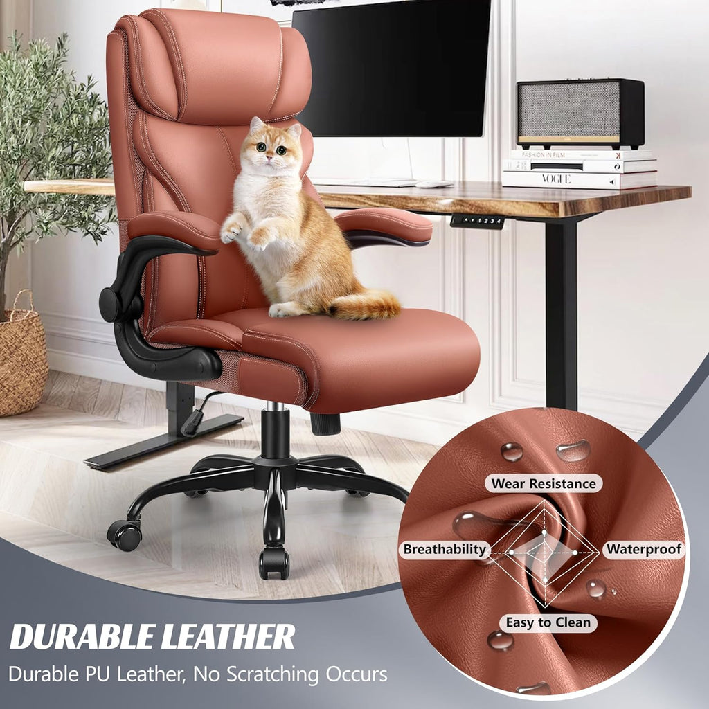 HeroSet Office Chair, Ergonomic Big and Tall Computer Desk Chairs, Executive Breathable Leather Chair with Adjustable High Back Flip-up Armrests, Lumbar Support Swivel PC Chair with Rocking Function