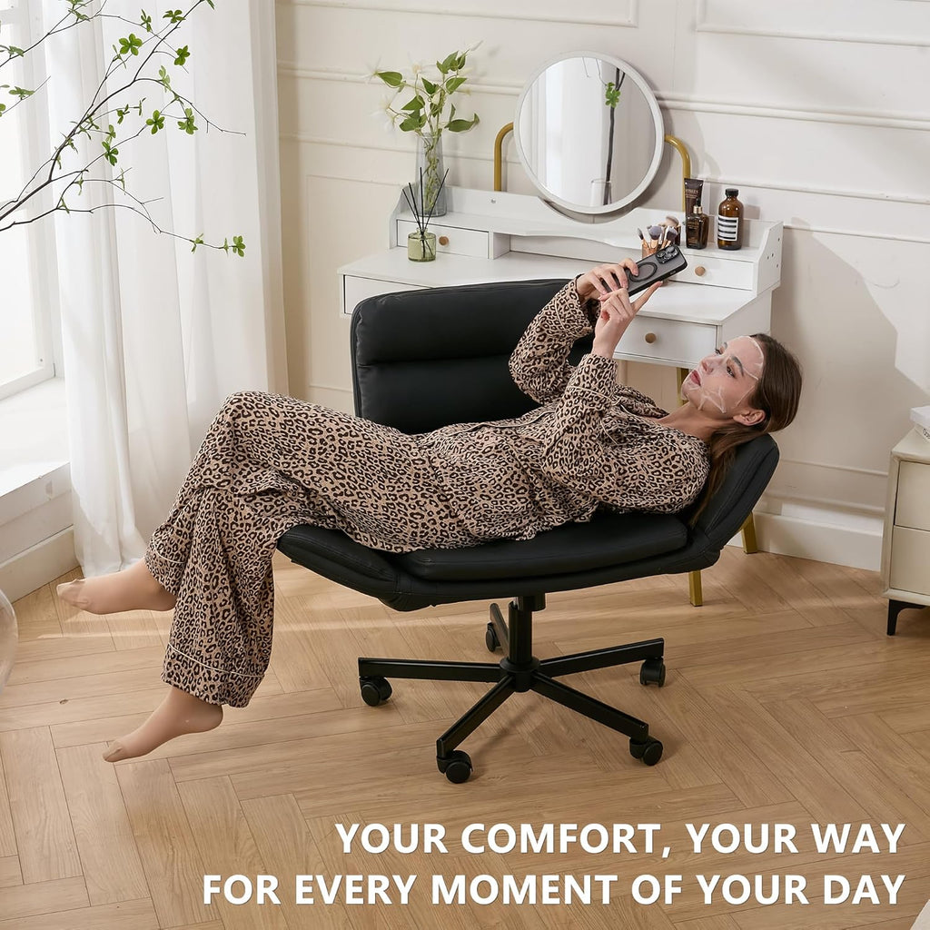 Criss Cross Chair with Flip-Up Arms & Swivel Wheels, Vanity Chair with Adjustable Height & Side Pockets, Comfortable Wide Seat Reclining Computer Office Desk Chairs for Home Office, Make Up, Bed Room