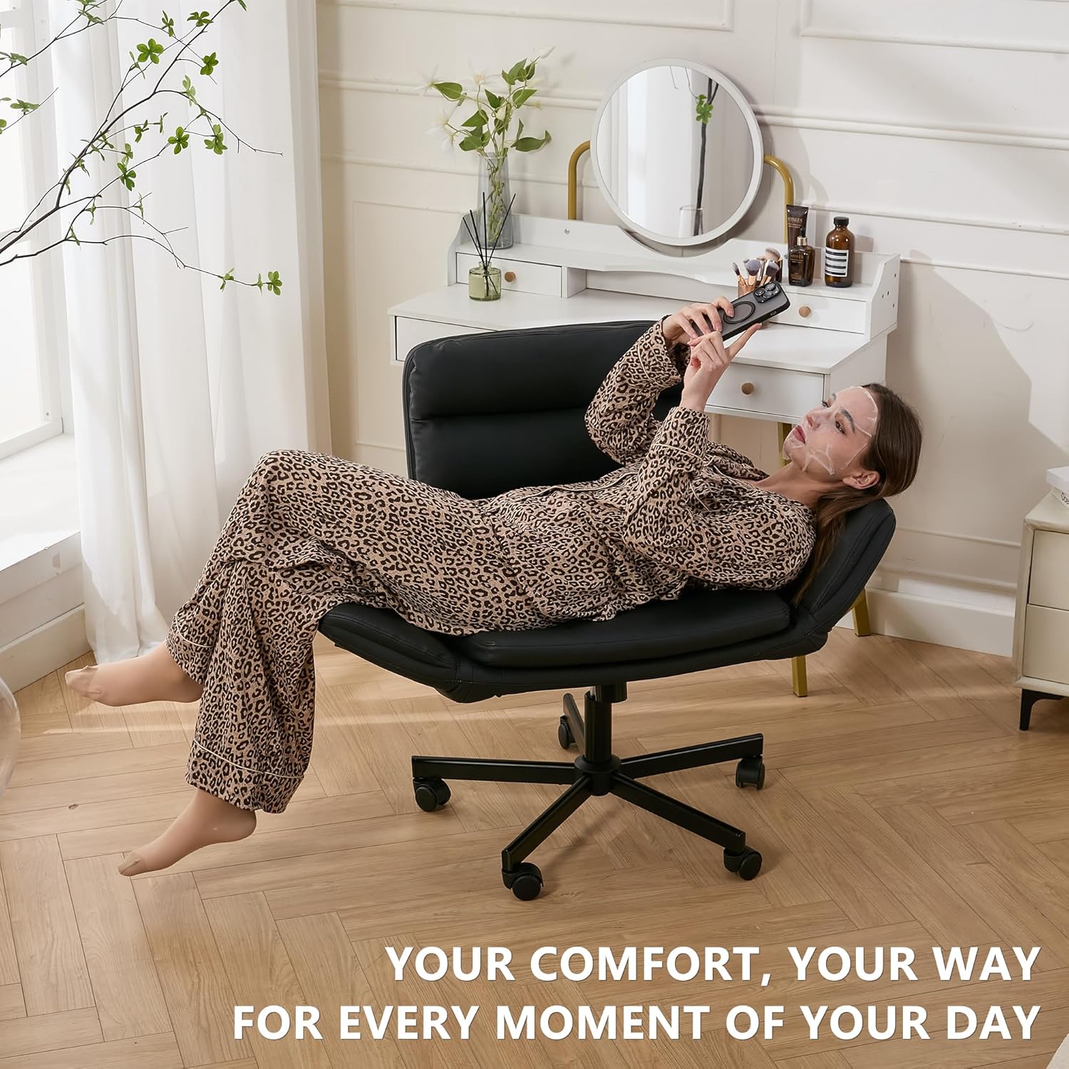 Criss Cross Chair with Flip-Up Arms & Swivel Wheels, Vanity Chair with Adjustable Height & Side Pockets, Comfortable Wide Seat Reclining Computer Office Desk Chairs for Home Office, Make Up, Bed Room