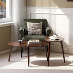 Small Oval Coffee Table, Mid Century Modern Coffee Table for Living Room, 100% Solid Oak Wood Side Table End Tables for Home (Walnut Wood Color, 33.46''x22.83''x15.74'')