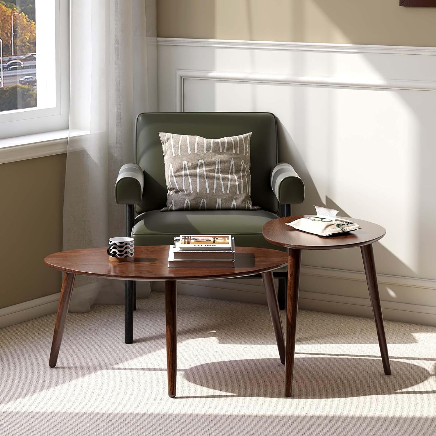 Small Oval Coffee Table, Mid Century Modern Coffee Table for Living Room, 100% Solid Oak Wood Side Table End Tables for Home (Walnut Wood Color, 33.46''x22.83''x15.74'')