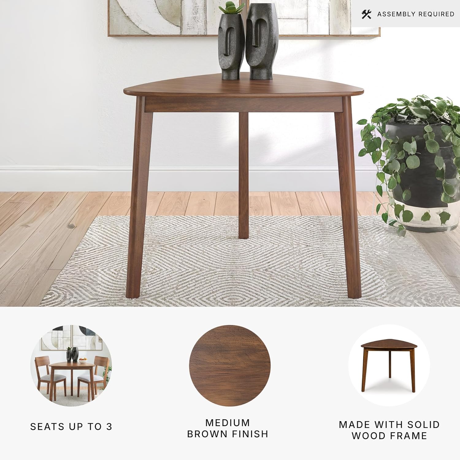 Signature Design By Ashley Lyncott Casual Triangle Dining Room Table, Mid-Century Modern, Seats 3, Rounded Corners, Wood, 35.25" W x 33.5" D x 30" H, Brown