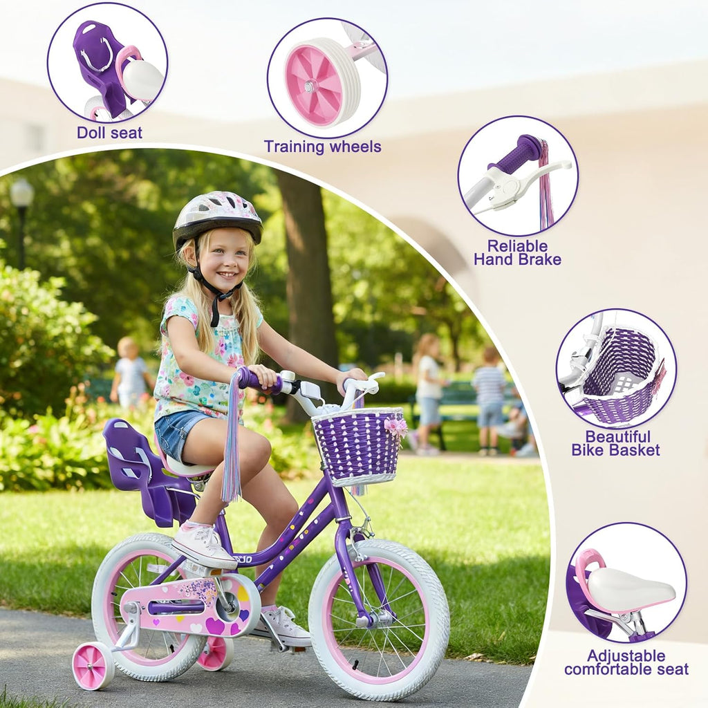 XJD Girls Bike for Toddlers 3-9 Years Old Kids, 12 14 16 Inch Kids Bike with Training Wheels, Streamers, Basket and Doll Seat