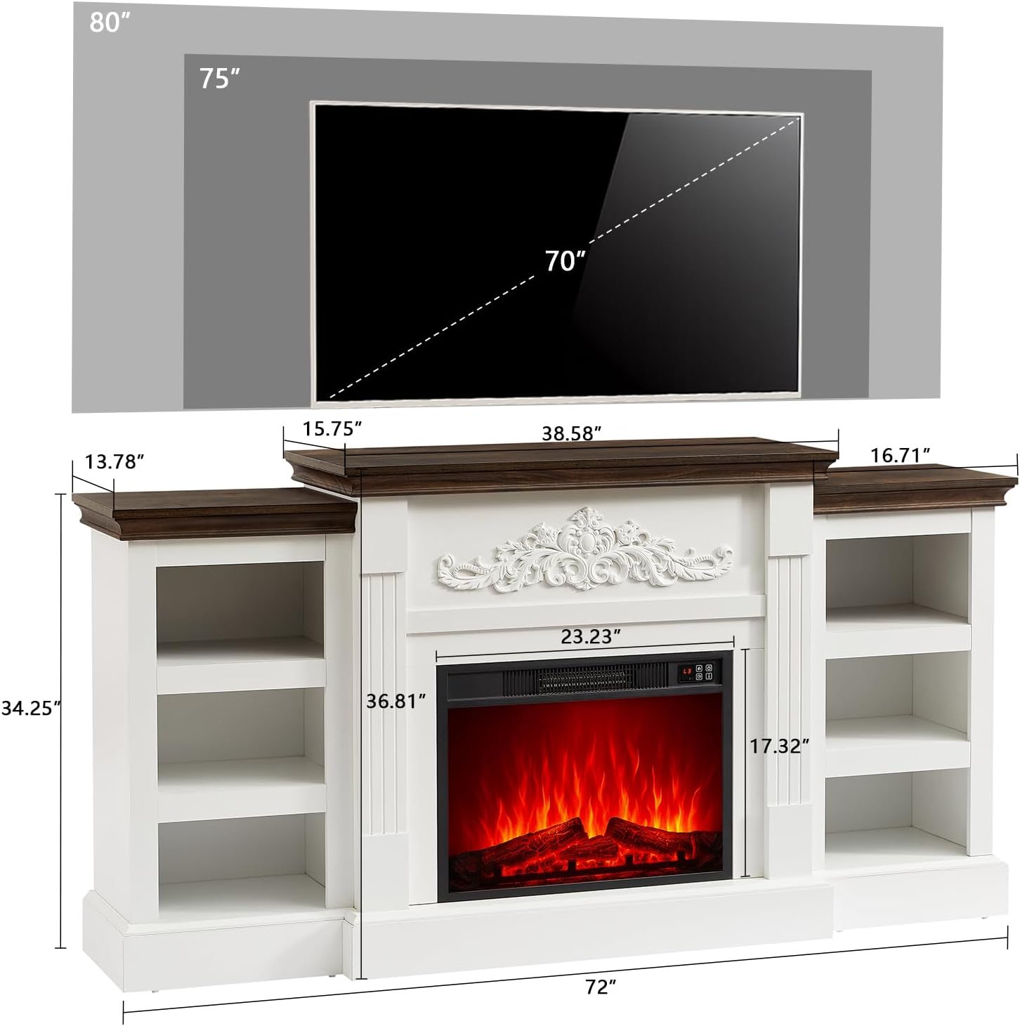 SOOWERY Electric Fireplace with Mantel, Fireplace TV Stand with Replaceable Fireplace Insert and Storage, Farmhouse Entertainment Center with Fireplace Heater for TVs Up to 80", White & Brown