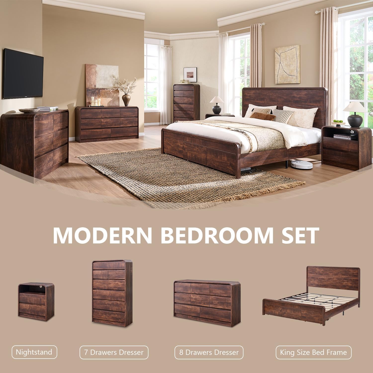 Modern King Size Bed Frame with 50" Tall Headboard, Wood King Size Platform Bed Frame w/3 Storage Drawers, Curved Profile Design, No Box Spring Needed, Easy Assembly, Noise Free, Dark Walnut