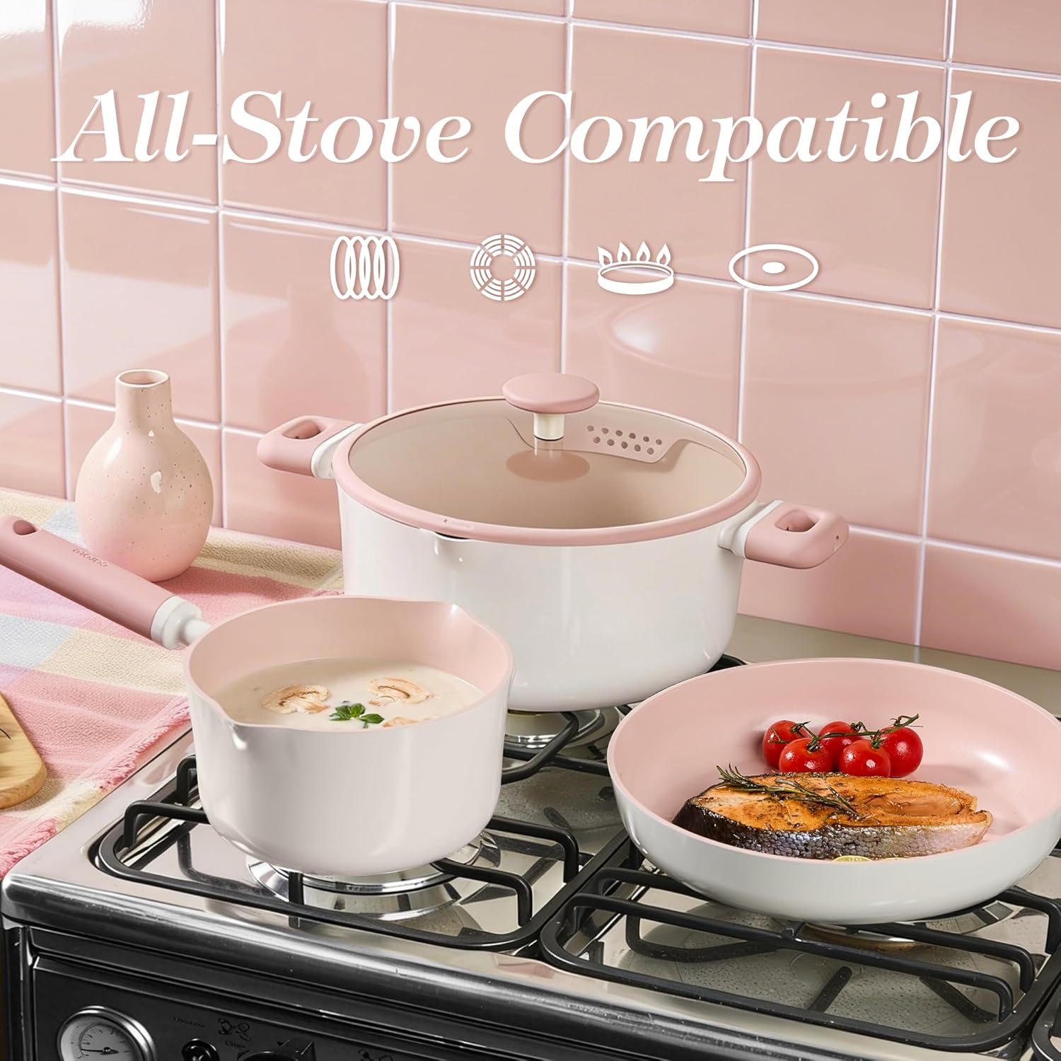 CAROTE Ceramic Cookware Set Nonstick, 15pcs Pots and Pans Set Non stick, Non Toxic Cookware,Dishwasher,RV/Camping Cookware Set, Pan and Pot with Kitchen Utensils, Pink