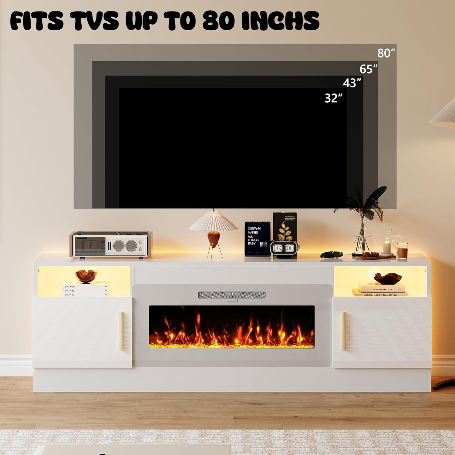 Fireplace TV Stand with 36'' Electric Fireplace, 70'' TV Media Entertainment Center with Fireplace Up to 80 inch,Modern LED TV Console with High Gloss Cabinet for Living Room