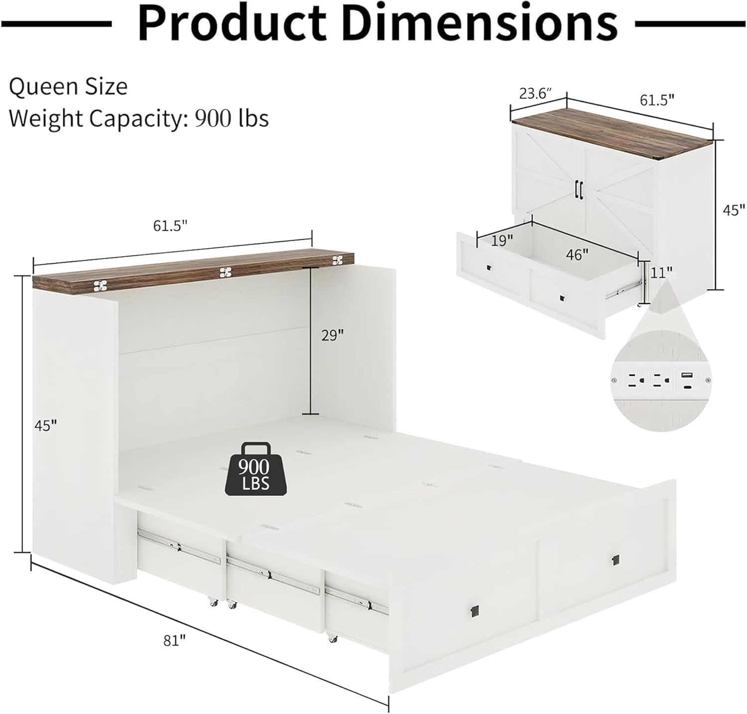Murphy Bed with Charging Station, Queen Size Cabinet Bed with Large Storage Drawer for Home Office or Small Room, Hideaway Foldable Platform Bed, White