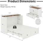 Murphy Bed with Charging Station, Queen Size Cabinet Bed with Large Storage Drawer for Home Office or Small Room, Hideaway Foldable Platform Bed, White