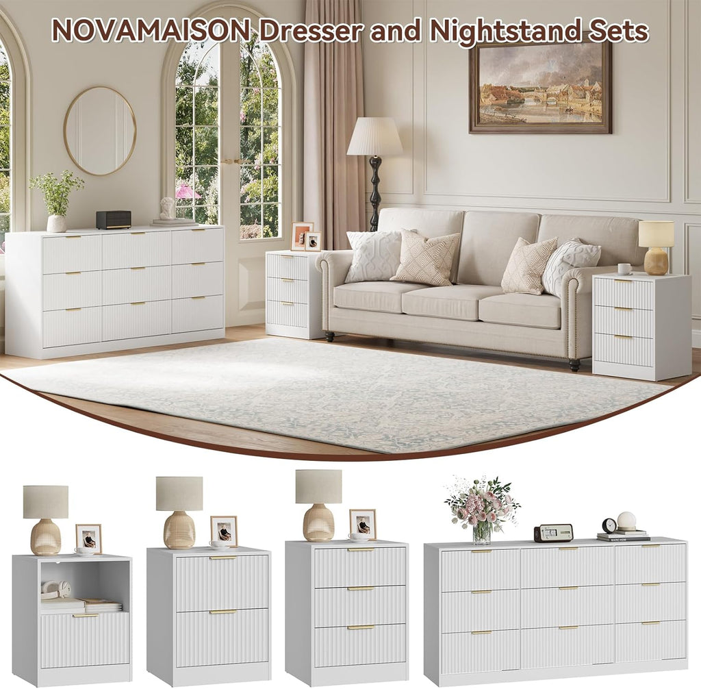 9 Drawer Fluted Dresser & Nightstand Set 3-Piece, 63” Long Dresser and Night Stand Set of 2, Fluted Modern Wood Chest of Drawers Storage Dressers Set for Bedroom, White